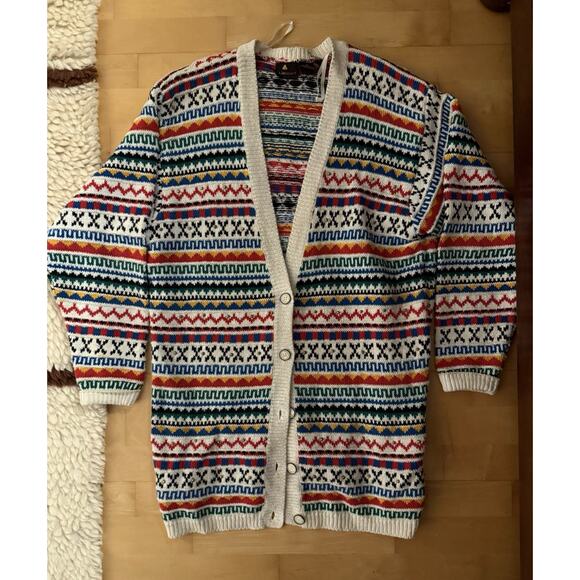 Liz Sport Sweaters - Vintage Lizsport Long Cardigan Multicolor Printed Maximalist White M